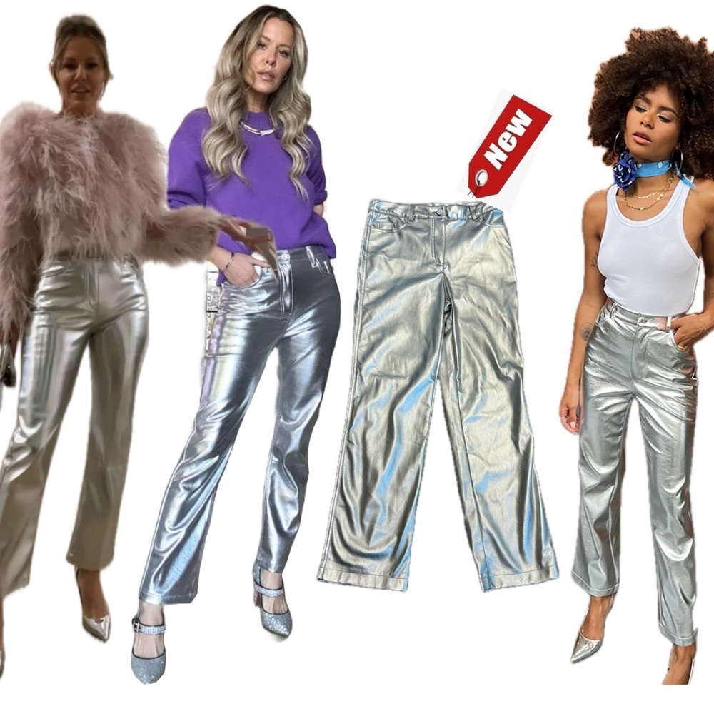 House of Harlow metallic silver liquid foil slim fit high rise faux leather pant